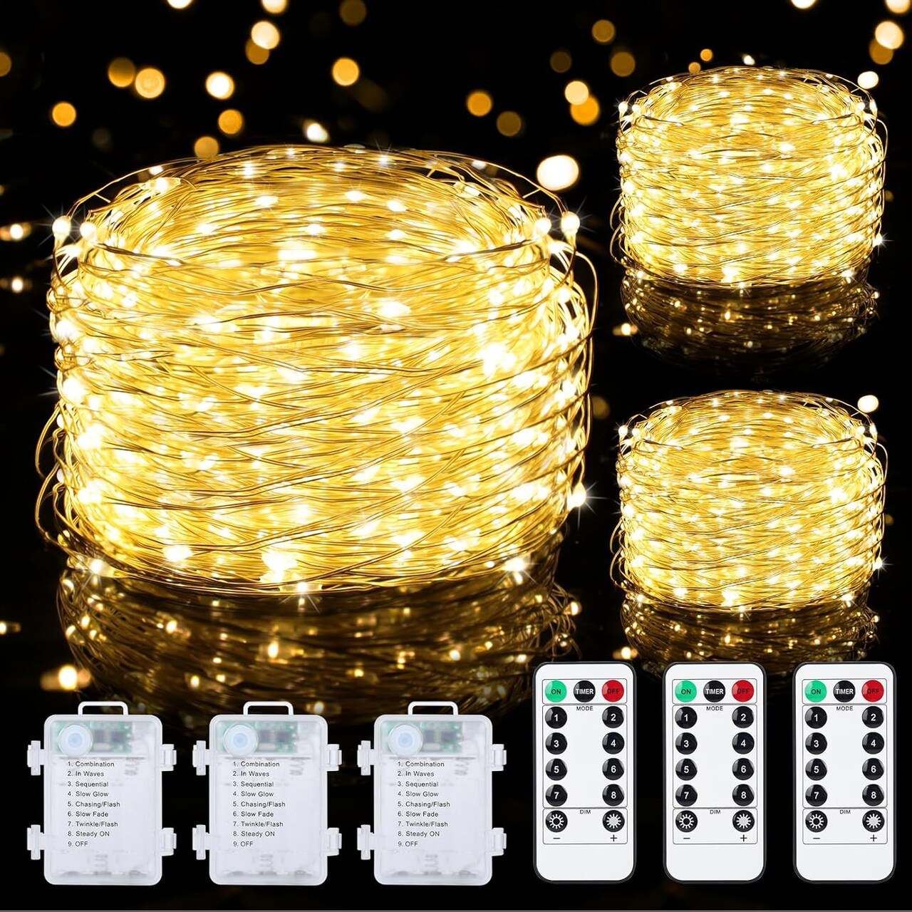 3 Pack 33FT Fairy Lights Battery Operated with Remote and Timer, Waterproof Dimmable 8 Modes 100 LEDs Twinkle Lights for Indoor Outdoor Decor